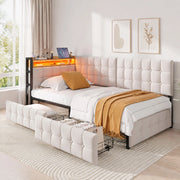 DESMIU Divano letto 90 × 200 cm 1 posto con 2 cassetti, LED, USB e Type-C, senza materasso, in tessuto beige
