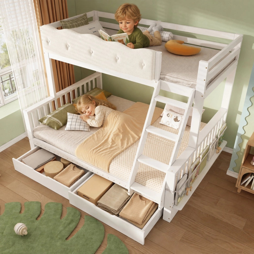 LETTO a castello 90x200/140x200 cm in legno bianco con cassetti e portariviste
