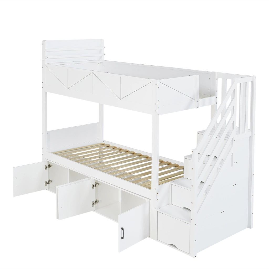 Letto a Castello 90x200 cm; 2 Posti - Scala con Contenitore e Ripiani; in Legno; Bianco