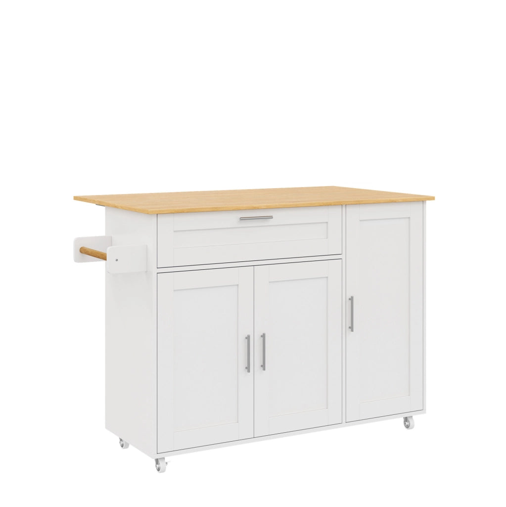 Carrello da cucina 132.5x44(70)x90 cm con piano pieghevole; 5 ruote; MDF bianco naturale