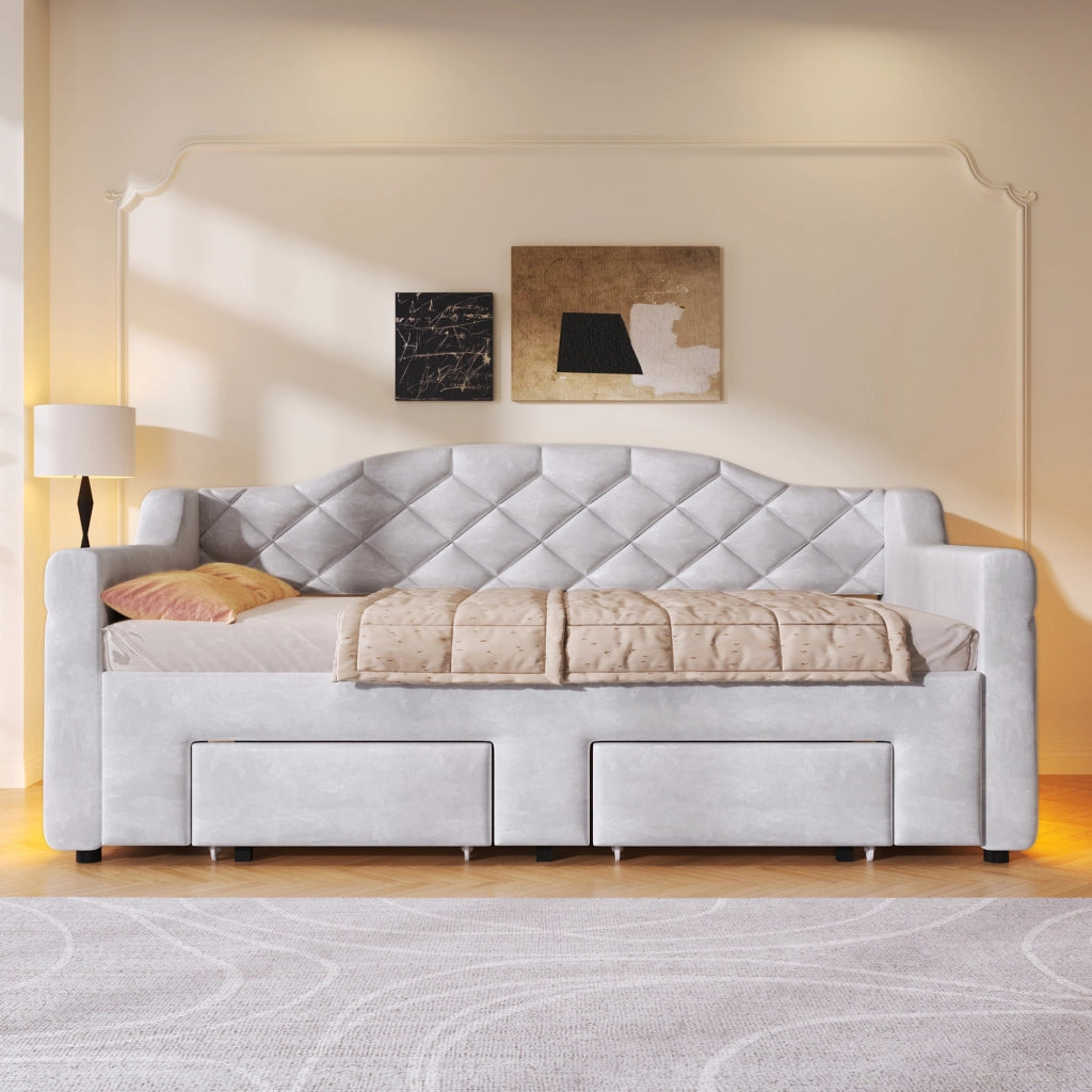 Letto a giorno imbottito con 2 cassetti e LED - Zephmum - Grigio (90x200-180x200 cm)