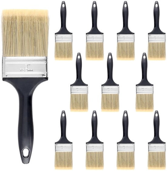 Set di pennelli per pittori - 12 pezzi 75 mm - pennello azzurro - pennello piatto - setole di seta - design nero/argento - pennello