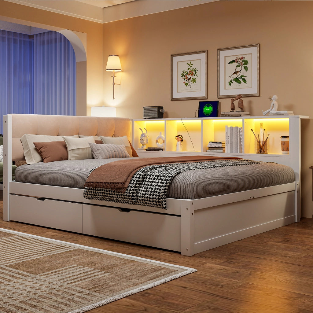 LETTO 140x200 cm con cassetti, ripiano, USB e LED, Legno di pino/MDF Bianco