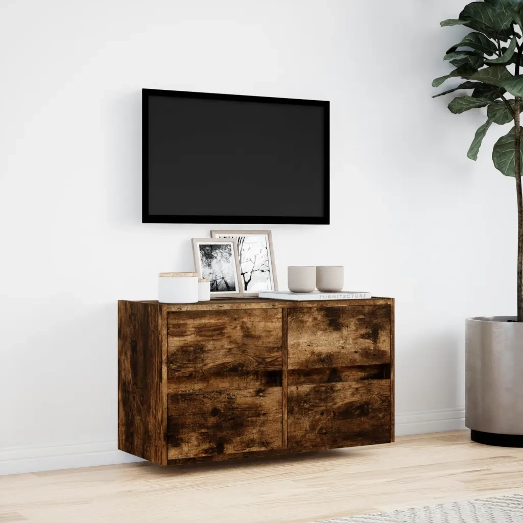 Mobile TV a Parete con Luci LED Rovere Fumo 80x31x45 cm
