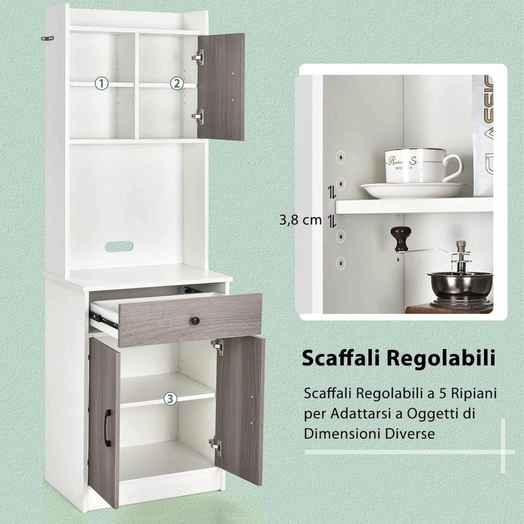 Mobile Cucina con 3 Ante e Credenza, Dispensa Cucina con Cassetto, con Foro per Cavi e Ripiani Regolabili, Ampio Spazio Aperto per Microonde, 60 x 40 x 180 cm (Bianco)