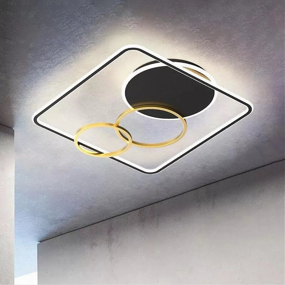 Trade Shop - Plafoniera Led 55w Quadrato Con Cerchi Nero Oro Lampada Soffitto Luce 6500k 70906 -
