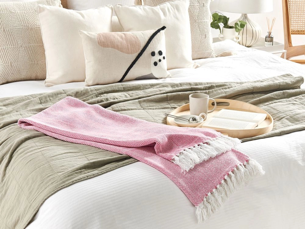 Coperta in cotone rosa 130 x 160 cm Copriletto boho stile costiero