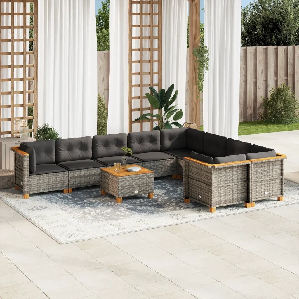 Set Divano da Giardino 10 pz con Cuscini Grigio in Polyrattan