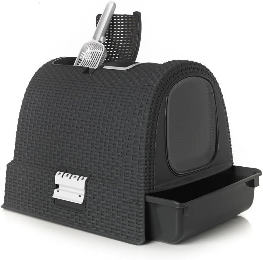 Curver Keter Lettiera per Gatti Petlife con coperchio, lettiera con paletta, moderno effetto rattan intrecciato, antracite, 51,5 x 38,5 x 40 cm
