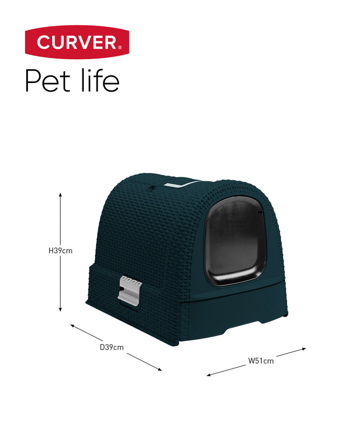 Curver Keter Lettiera per Gatti Petlife con coperchio, lettiera con paletta, moderno effetto rattan intrecciato, antracite, 51,5 x 38,5 x 40 cm