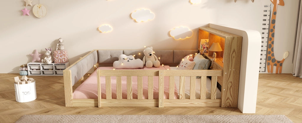 Letto per bambini 140 × 200 cm con sponde di sicurezza, testiera contenitore et LED, senza materasso, naturale