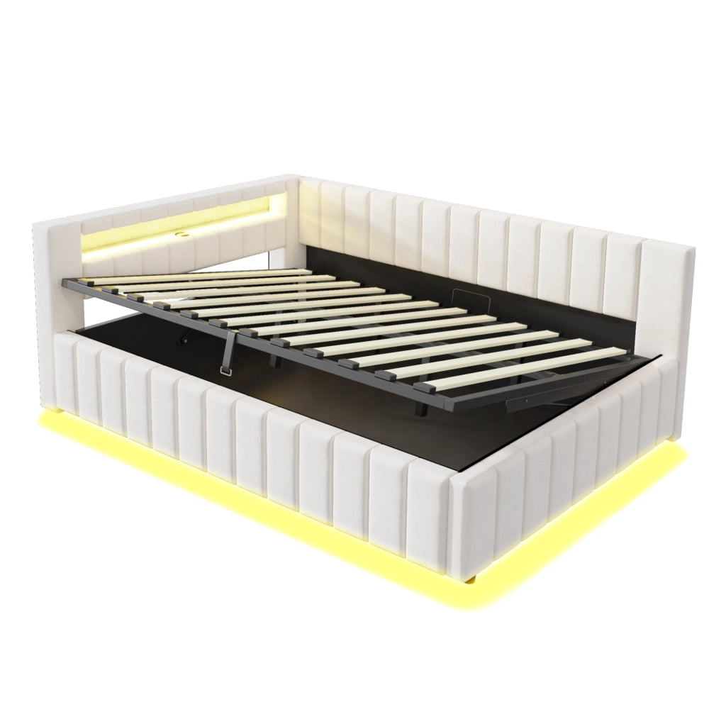 Letto matrimoniale imbottito 140x200 cm con contenitore idraulico; LED e USB; velluto beige