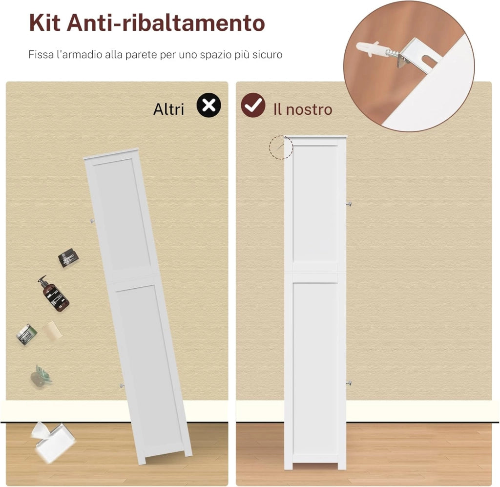 Mobile da Bagno Salvaspazio Stretto e Alto con Cassetto, Armadietto Bagno Moderno 2 Ante + 1 Cassetto 40x30x170 cm, Bianco