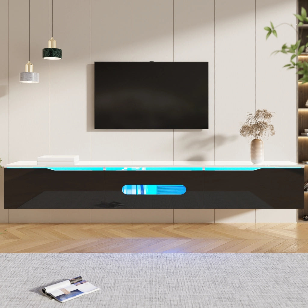 OKWISH Mobile TV con 3 Ante e LED, Montaggio a Parete o a Pavimento, per Soggiorno, MDF, Nero e Bianco, 180×35×30 cm