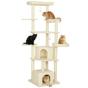 Albero per Gatti Alto 200 cm Multilivello con 2 Casette, 2 Lettini e Amaca, Struttura per 2-3 Gatti, Beige