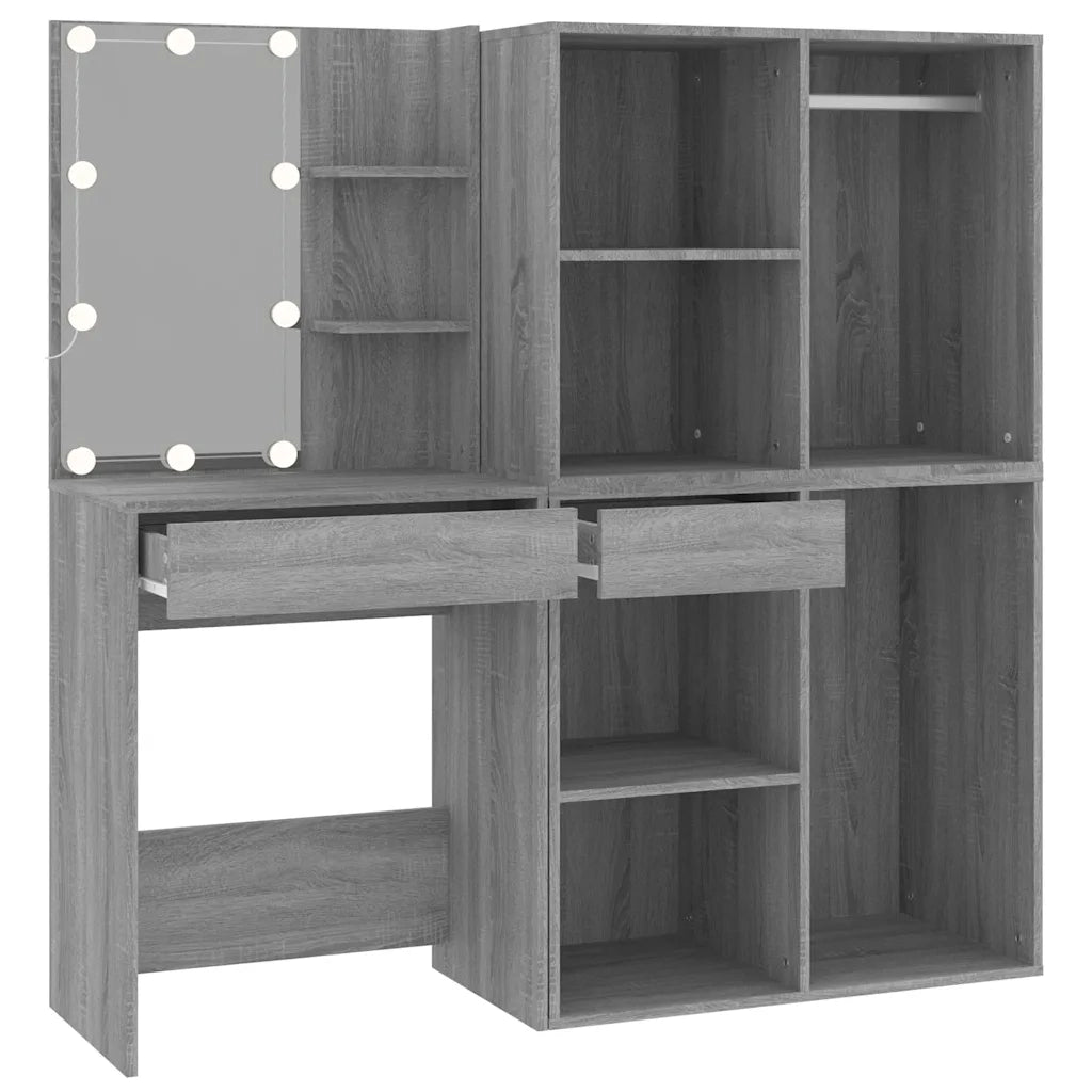 Toeletta | Tavolo da Trucco con LED e Armadietti Grigio Sonoma Legno Multistrato