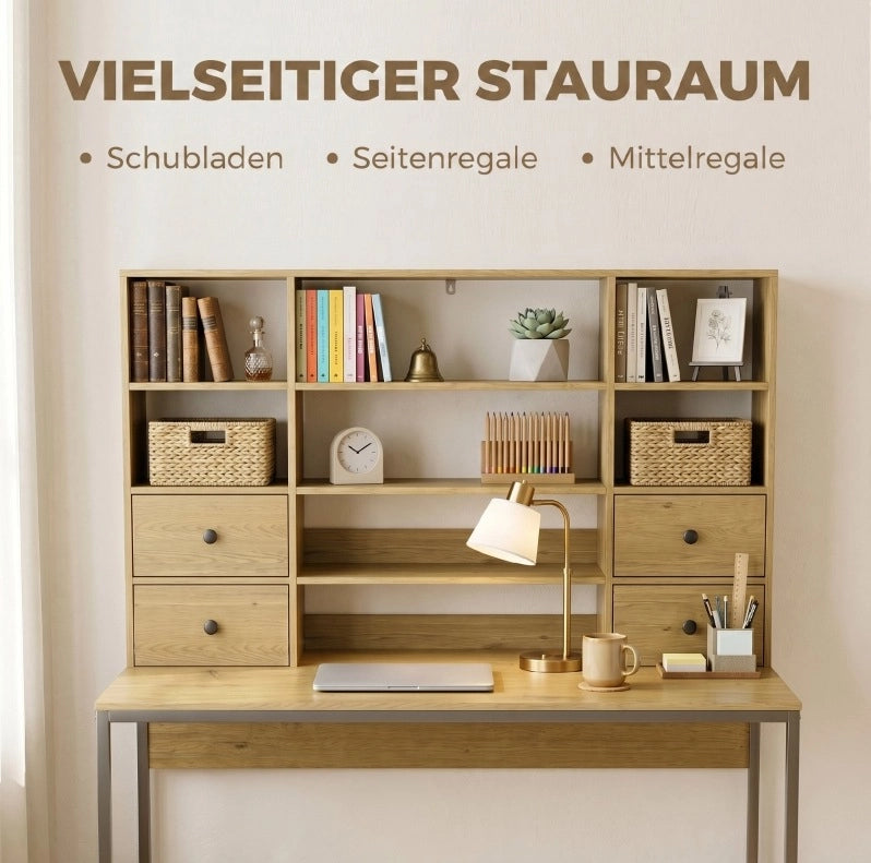 Scrivania da computer con 4 cassetti, scaffali regolabili, 105x60 cm in legno naturale