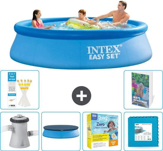 Piscina Rond Opblaasbar Easy Set - 305 x 76 cm - Blu - Inclusa Pompa Copertura - Kit Manutenzione - Piastrelle - 7 pezzi