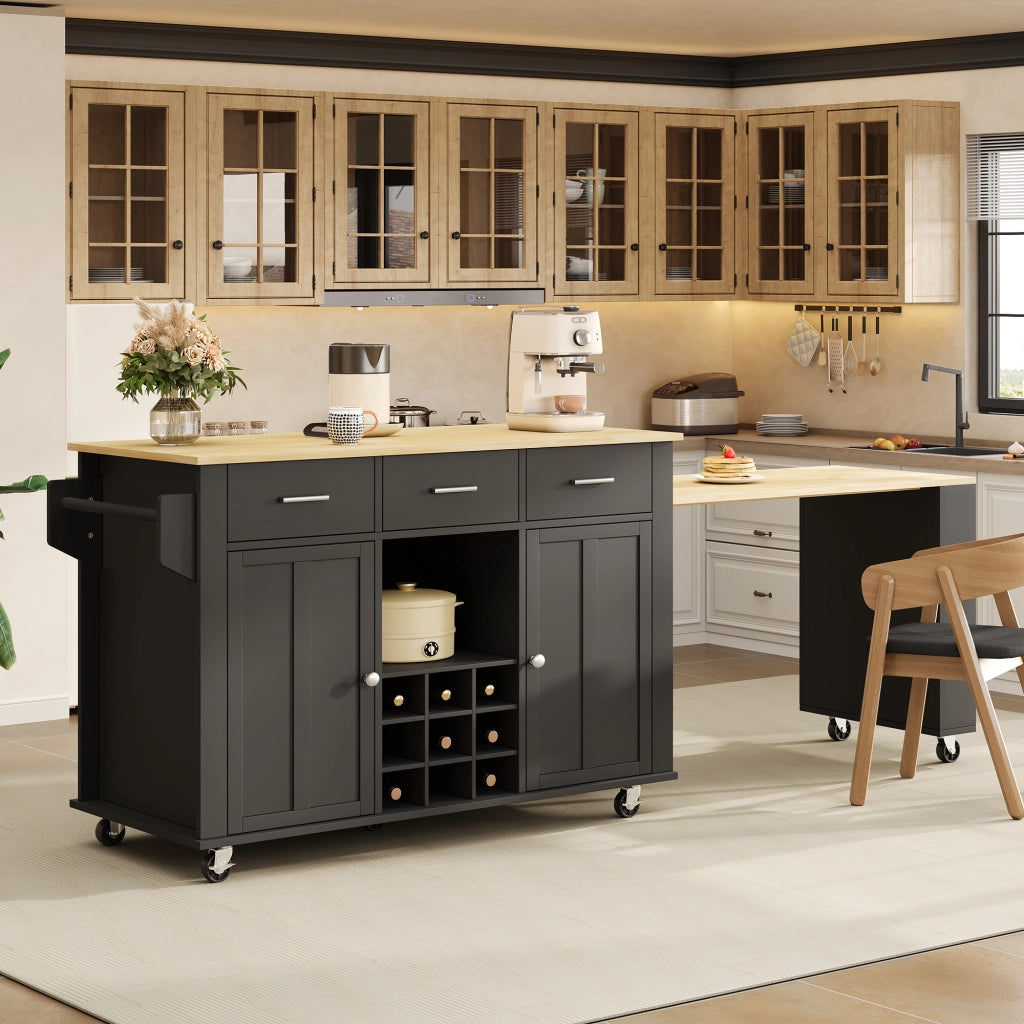 Isola cucina mobile con piano estraibile, 3 cassetti, portabottiglie, presa USB e 7 ruote, 136(223)x50x93 cm, nero/effetto naturale