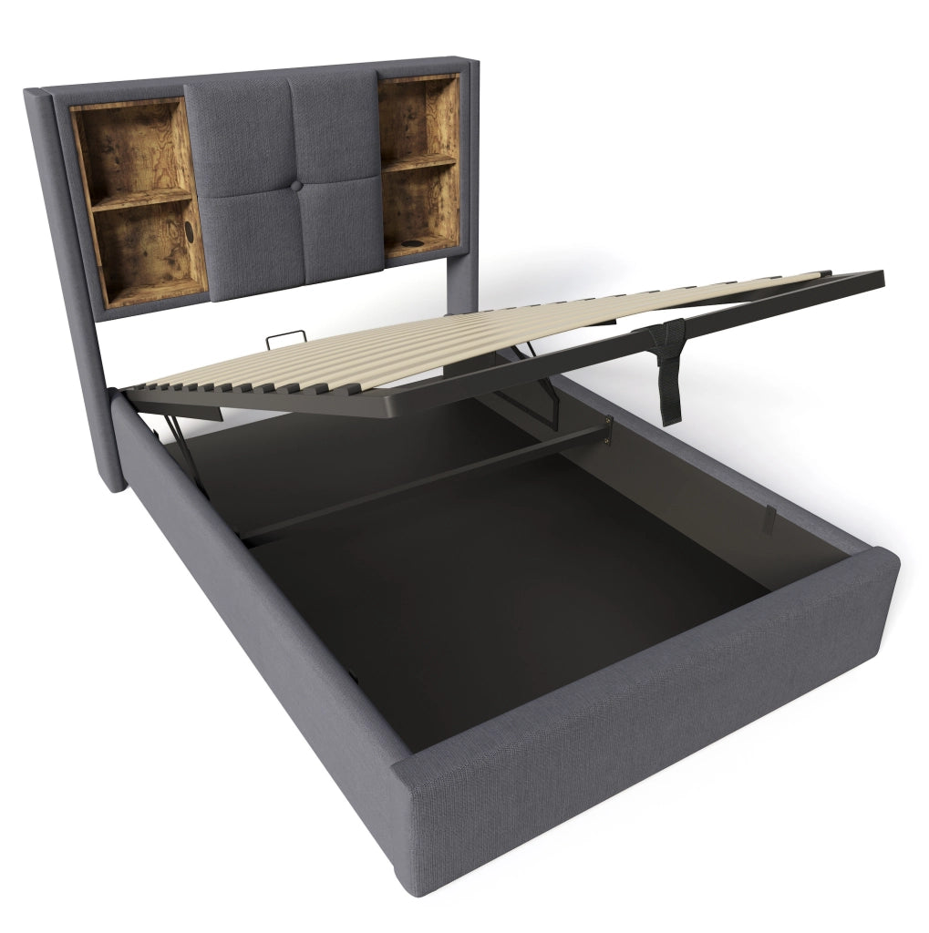 Letto 90x200 cm grigio con contenitore, ricarica wireless e USB, con materasso