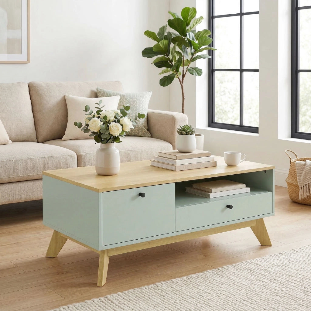Tavolino da salotto con cassetto ¨C Zephmum ¨C Verde chiaro e quercia