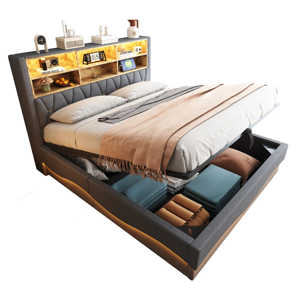 OKWISH Letto Contenitore 180×200 cm, Letto Matrimoniale con LED Regolabile, USB e Vano Contenitore, senza Materasso, in Metallo, Grigio
