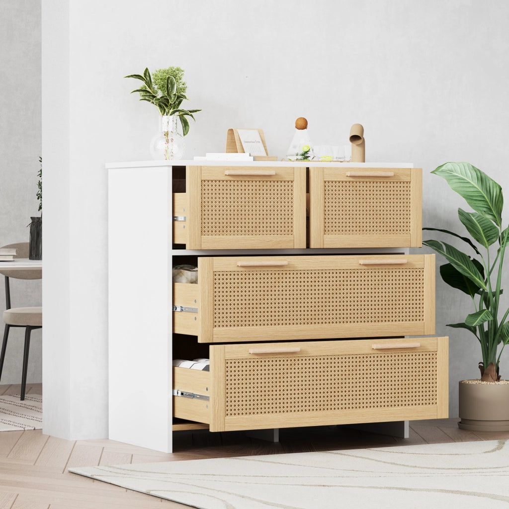 Cassettiera 80x38x80 cm con 4 cassetti; guide scorrevoli; MDF; naturale e bianco
