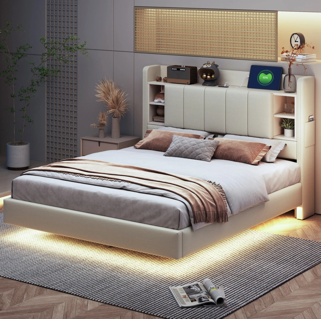 Letto matrimoniale imbottito 140x200 cm beige con LED e USB