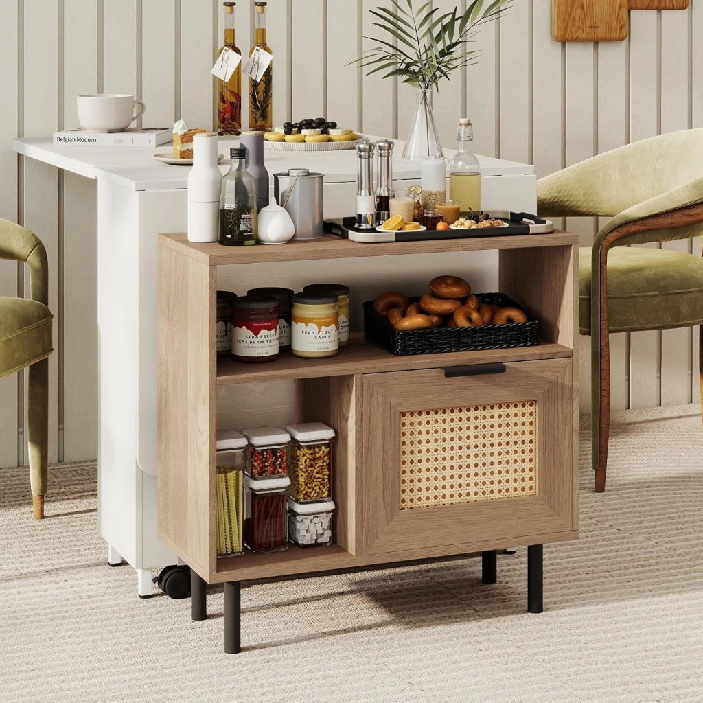 Comodino in Rattan con Conservazione, Tavolo Supplemento Stile Fattoria Moderno con Ripiani Aperti e Piedi Metallici, Notte per Camera, Soggiorno, Ufficio e Piccoli Spazi