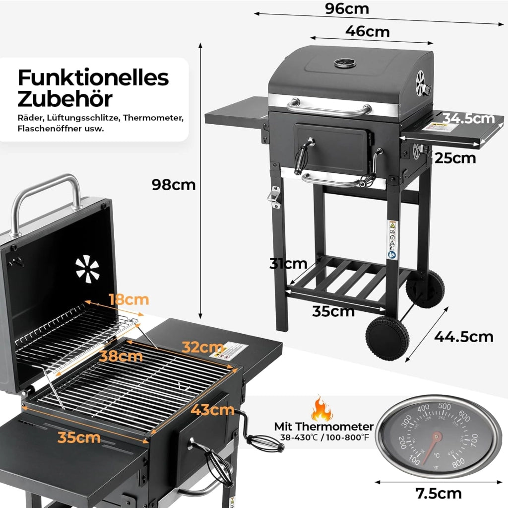 Barbecue Carbonella L, Barbecue a Carbonella con Coperchio, Griglia per Barbecue con 2PCS Ruote, Termometro, BBQ Smoker con Carrello per Campeggio, Giardino