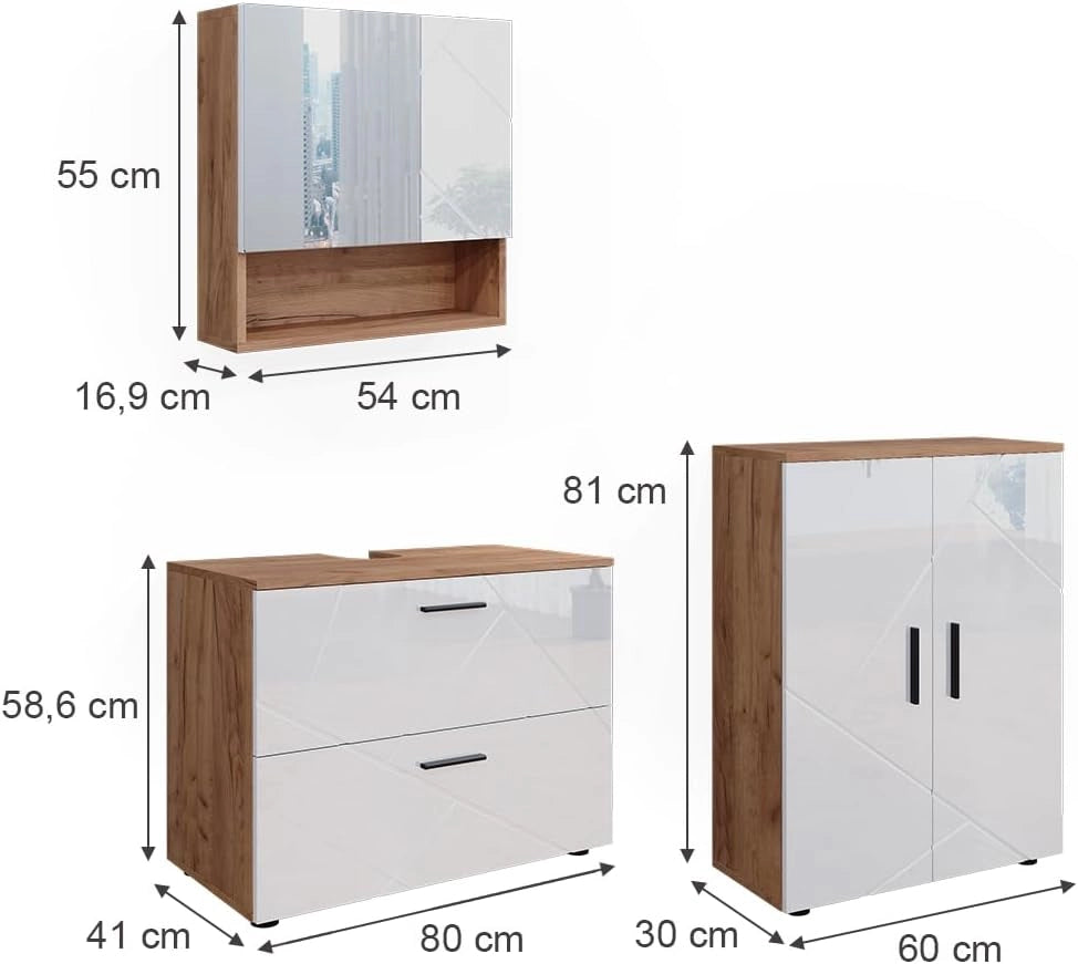 Set di mobili da bagno Irma, Bianco lucido/oro power oak, 80 cm, composto da mobile sottolavabo, specchiera e mobile medio
