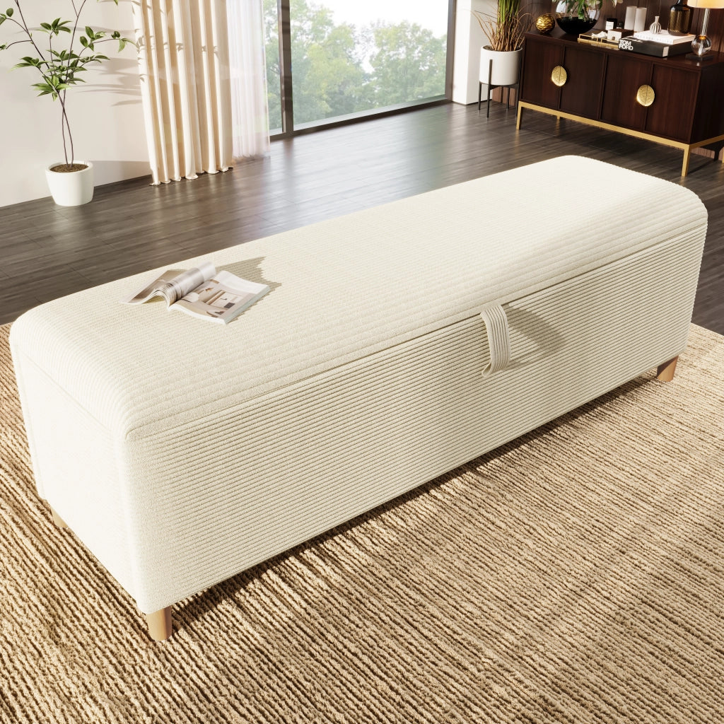 OKWISH Panca Fondo Letto con Contenitore Idraulico, Panca Imbottita con Cassapanca per Camera o Ingresso, Velluto a Coste Beige