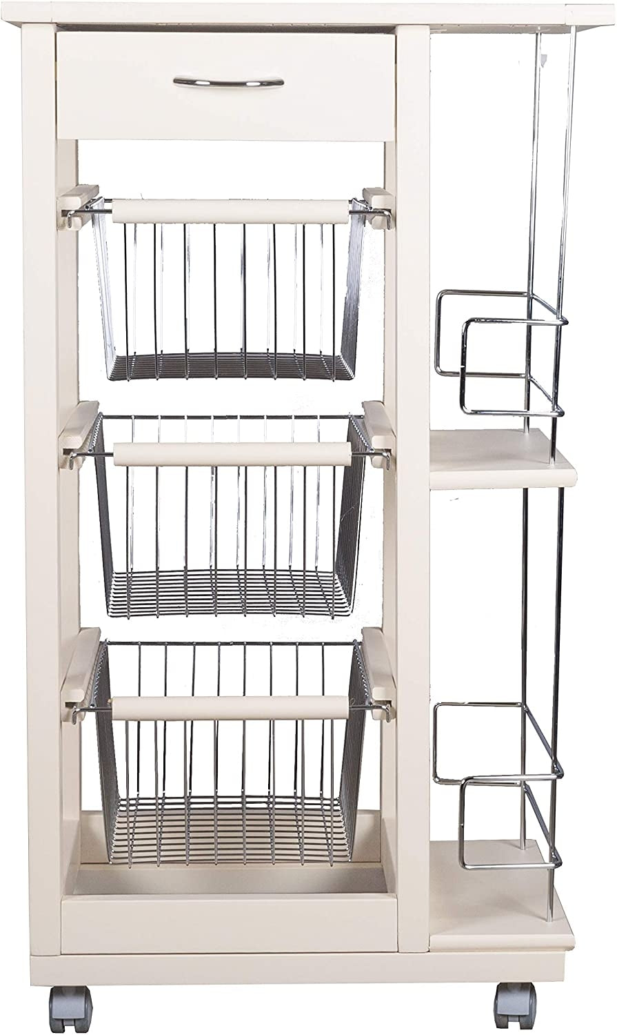 Carrello Cucina Salvaspazio in Legno di Faggio con Cassetto E Cesti Contenitori Portabottiglie Vino 4 Ruote Girev Bianco