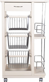 Carrello Cucina Salvaspazio in Legno di Faggio con Cassetto E Cesti Contenitori Portabottiglie Vino 4 Ruote Girev Bianco