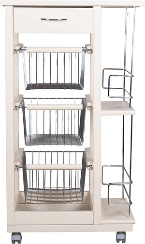 Carrello Cucina Salvaspazio in Legno di Faggio con Cassetto E Cesti Contenitori Portabottiglie Vino 4 Ruote Girev Bianco