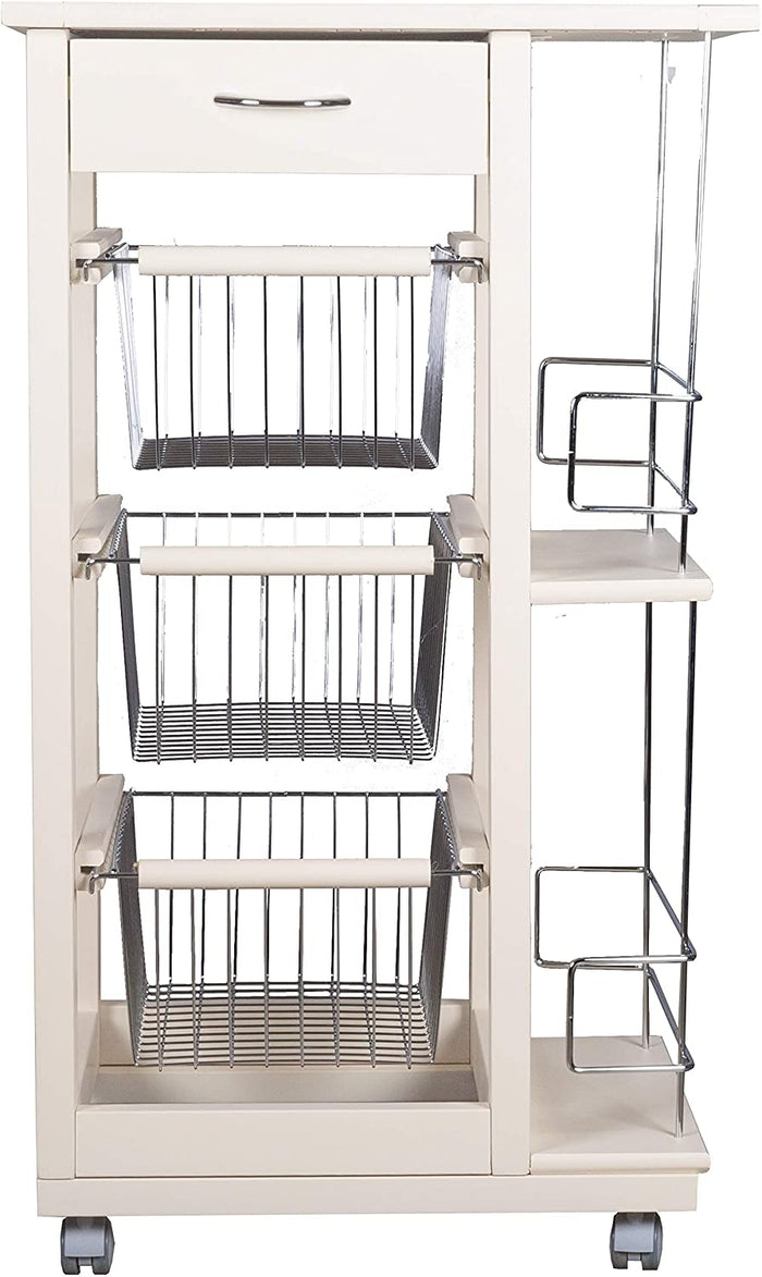 Carrello Cucina Salvaspazio in Legno di Faggio con Cassetto E Cesti Contenitori Portabottiglie Vino 4 Ruote Girev Bianco