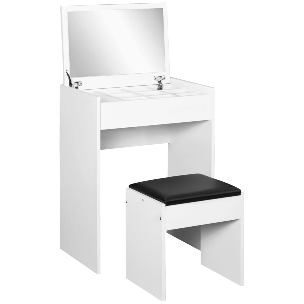 EasyComfort Postazione Trucco con Specchio Richiudibile, Toeletta Trucco Moderno, con Sgabello, Vano Contenitore a 10 Scomparti, MDF Bianco, 60.2 x 40.2 x 79cm