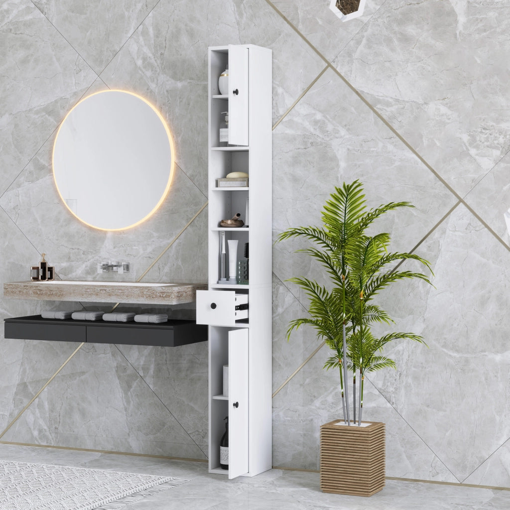 Colonna Bagno Salvaspazio 20x20x178 cm con Armadietti Ripiani Aperti e Cassetto in Legno Bianco
