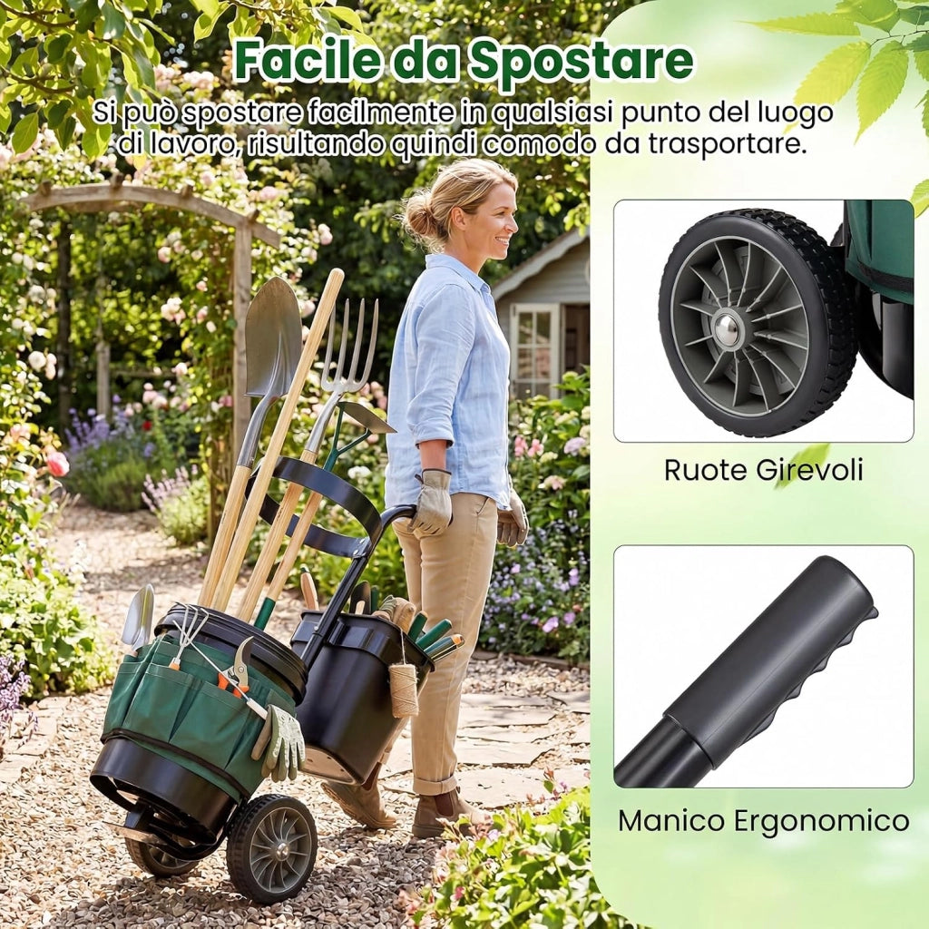 Carrello da Giardino a 2 Ruote, Carrellino da Esterno per Attrezzi da Giardinaggio con Borsa in in Tessuto Oxford, 20 L Secchio Rotondo e 10 L Contenitore Rettangolare Rimovibili