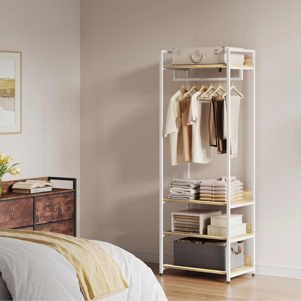 Stand Appendiabiti con Ripiani Attaccapanni per Cameretta Guardaroba con Scarpiera Scaffale Porta Abiti in Legno e Acciaio 60x40x170 cm