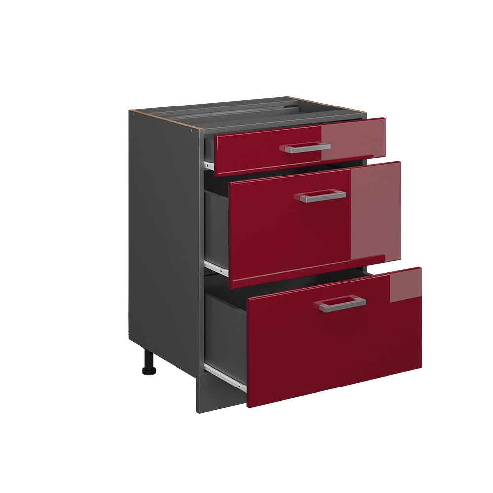 Mobiletto base per cucina R-Line Rosso lucido/Antracite 60 cm con cassetti, senza piano di lavoro Vicco