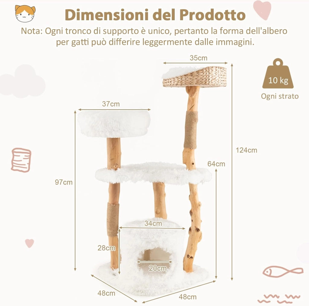 Albero per Gatti in Legno Alto 124 cm, Albero Tiragraffi per Gatti in Legno Massello con Pali di Corda di Juta, Torre Moderno per Animali Domestici Interni a 5 Livelli (Bianco)