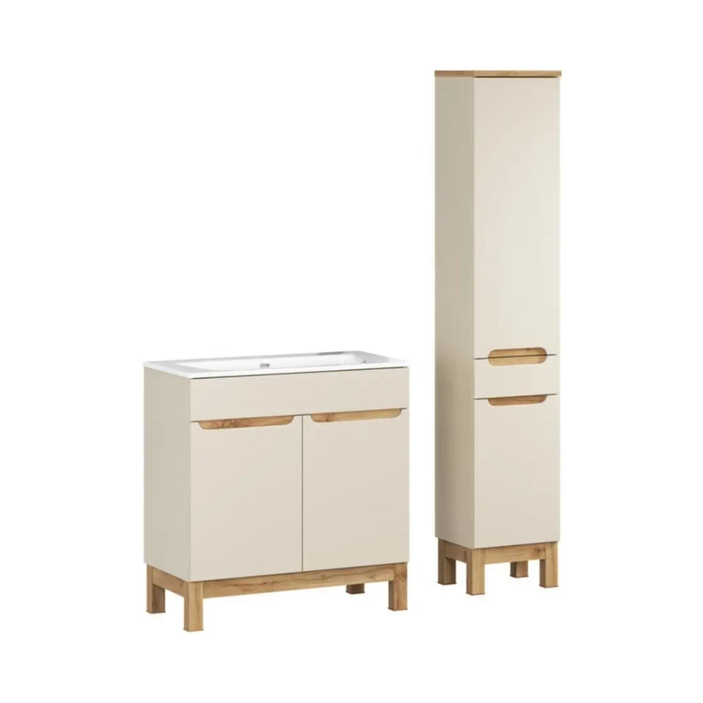 Set da bagno ERMANO cachemire e finitura quercia 115cm: mobile sottolavabo + lavabo incassato + colonna