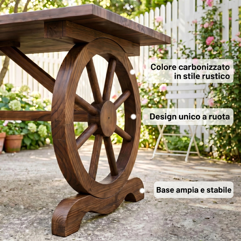 Tavolo da Giardino Stile Country con Gambe a Ruota, in Legno di Abete Resistente alle Intemperie, 110x60x65 cm