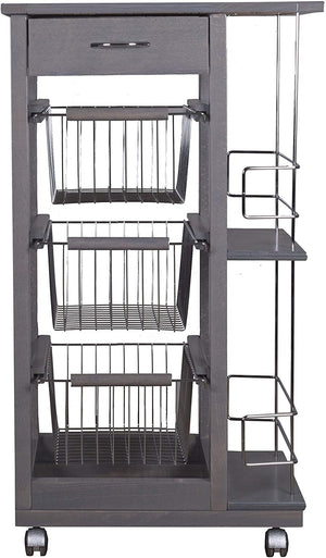 Carrello Cucina Salvaspazio in Legno di Faggio con Cassetto E Cesti Contenitori Portabottiglie Vino 4 Ruote Girev Grigio