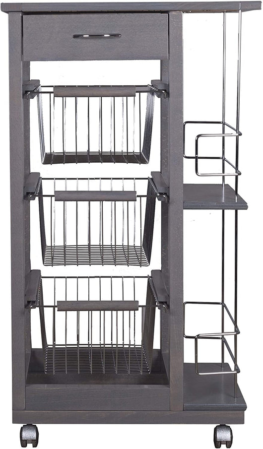 Carrello Cucina Salvaspazio in Legno di Faggio con Cassetto E Cesti Contenitori Portabottiglie Vino 4 Ruote Girev Grigio