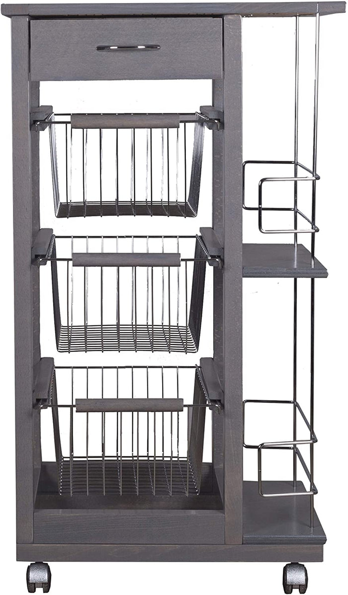 Carrello Cucina Salvaspazio in Legno di Faggio con Cassetto E Cesti Contenitori Portabottiglie Vino 4 Ruote Girev Grigio