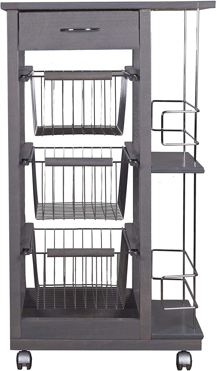 Carrello Cucina Salvaspazio in Legno di Faggio con Cassetto E Cesti Contenitori Portabottiglie Vino 4 Ruote Girev Grigio