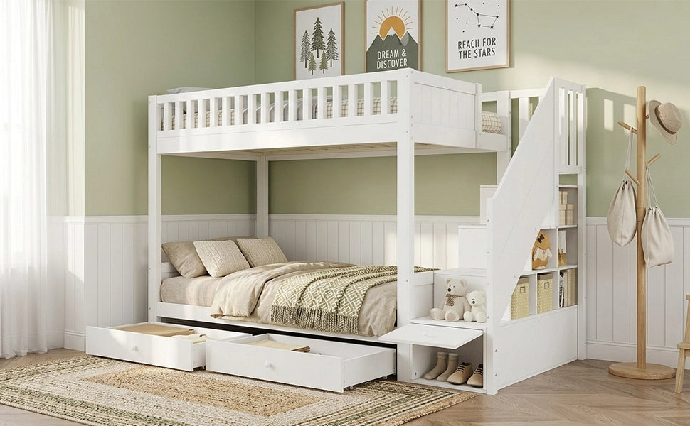 Letto a castello per bambini 90 × 200 cm con scala contenitore e 2 cassetti, senza materasso, in legno, bianco