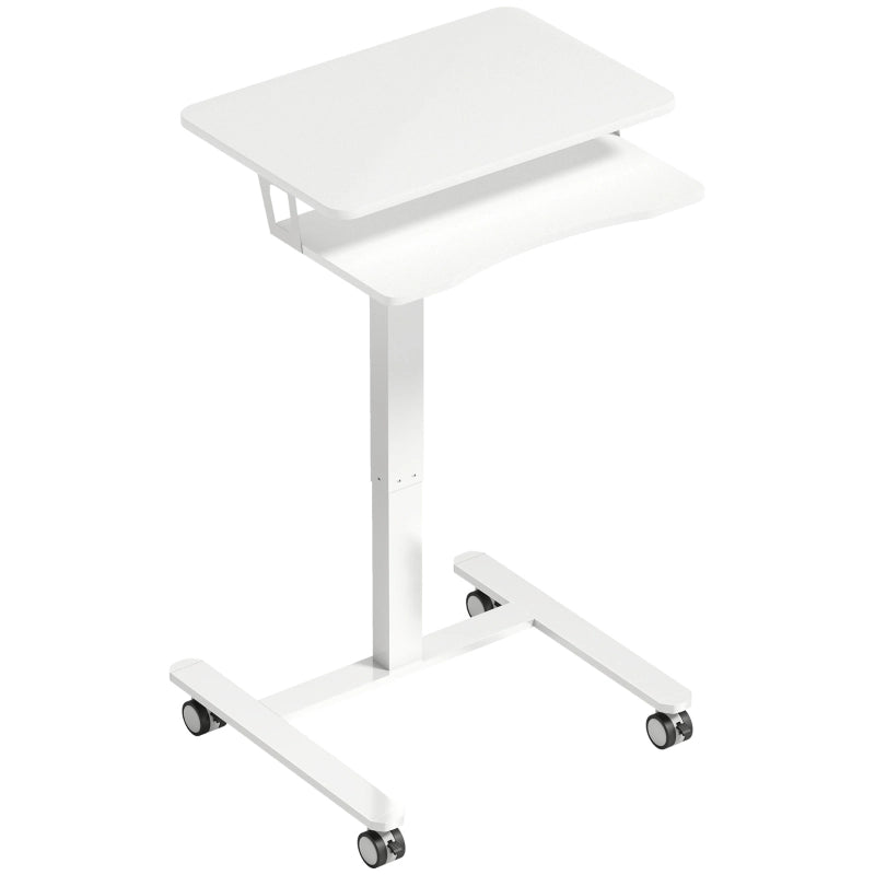 Scrivania lineare regolabile in altezza con rotelle e vassoio tastiera in legno bianco 65 × 60 × 71-107 cm